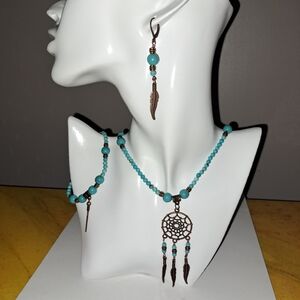Bohomian Style Natural Turquoise Dreamcatcher Set In Antique Copper